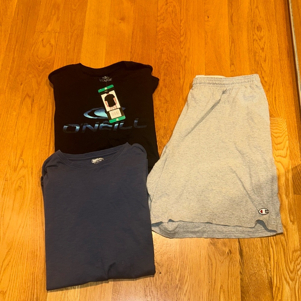 3 Piece Men’s O’Neill, Champions and Kirkland Short + tshirt bundle XL Size